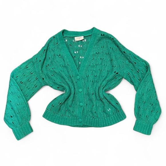 Sweaters - Cottage Core Green Crochet Cardigan Button Up Boho Chunky Knit L Soft Girl